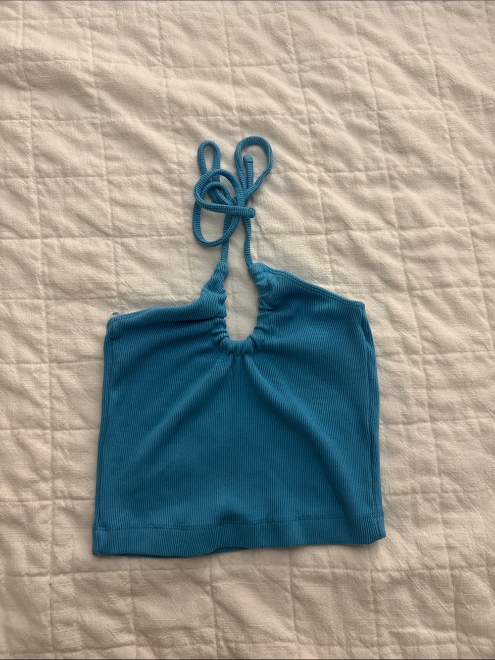 Blue Ribbed Halter Crop Top